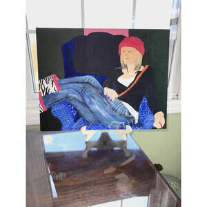 Original Acrylic Portrait of Woman in Red Hat – Modern Figurative Art on Canvas
